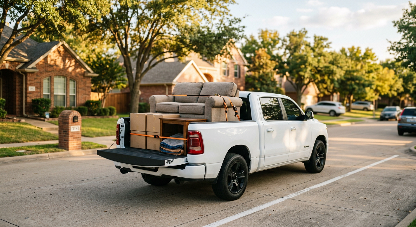 A pickup truck loaded with a sofa and boxes on a Dallas–Fort Worth street